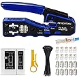 RJ45 Crimp Tool All-in-one Ethernet Crimping Tool Stripper Cutter for Pass Through Cat5 Cat6 Connectors with Cable Tester and Cat6 UTP and Shield Connectors and Black Cable Tie