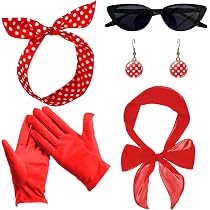 Pack De 8 Accesorios Retro Años 50 Para Mujer – Falda De Lunares, Bufanda, Gafas De Gato, Guantes, Diadema Y Pendientes – Disfraz Rockabilly