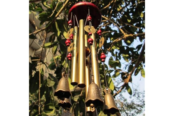 Chianrliu Carillon du vent, vous souhaite la prospérité: chinois traditionnel incroyable 4 tubes 5 cloches et base en bois Bronze Windchime pour patio extérieur, jardin et décoration intérieure