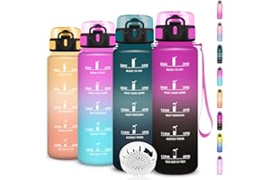 GRSTA Gourde 1l, Gourde Sport, Facile à Nettoyer, Bouteille Graduée pour 1 Journee, Avec Slogan de Motivation, Bouteille Plastique avec Marqueur de Temps, pour Running, Bureau, École, Sport, Voyage