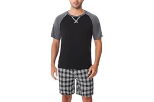 Litherday Pyjama Homme Été Coton Ensemble de Pyjama pour Homme Couleur Unie à Manches Courtes T-Shirt + Short à Carreaux avec Poches