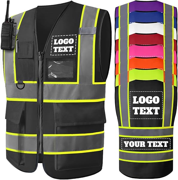 Xihedfd Personalisierte Warnweste Reflektierende Warnschutzweste mit Hoher Sichtbarkeit für Damen & Herren Sicherheitsweste mit Logo Text Taschen für Arbeit Bauwesen (S–5XL) - 1