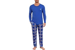 Jahetuul Pyjama Homme Long en Coton Hiver Ensembles de Pyjama à Col Rond avec Poches et Pantalon à Carreaux Vêtements de Nuit