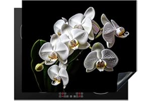KitchenYeah© Protège Plaque Induction 65x52 cm Décoration Cuisine Protection Pour Plan De Travail Cuisson Protégé Orchidée - Fleurs - Blanc - Nature - Noir