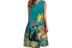 Ocean Plus Femme Été Imprimé Midi Jupe Col Rond Longue Robe Décontractée sans Manches