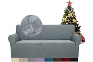 FIGOOO Stretch Sofabezug 3 Sitzer Sofa überzug Schachbrettmuster Jacquard Elastisch Waschbar Sofahusse mit Armlehnen Einfarbig Protector für Hunde,Grau