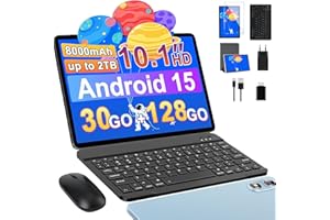 fezawio Tablette Android 15 avec 5G WiFi 10 Pouces 5G 30Go RAM + 128Go ROM(2To Extensible), Widevine L1, Octa-Core 2.0GHz/8000mAh/8+5MP/Double Haut-parleurs Tablettes avec Clavier+Souris et Cas-Bleu