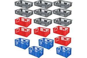 BRB 17-teiliges Set, Bäckerkisten / Eurobehälter durchbrochen, Grundmaß LxB 600x400 mm, H 150 - 320 mm, 27 - 63 Liter, blau, grau, rot