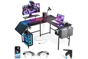 VidaTeco 47-59 Pulgadas Escritorio Gaming en L con Panel Extensible, LED, enchufes, Soporte Monitor y Bolsa (Negro, L 150 cm)