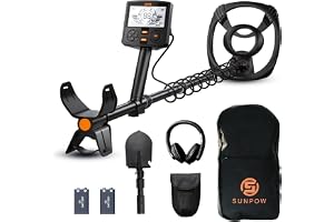SUNPOW Metal Detector-High Accuracy with 12" Waterproof Coil, 2x Backlit LCD Display, Advanced DSP Chip, 5 Modes, Adjustable Length (19"-59"), Sturdy Spiral Structure