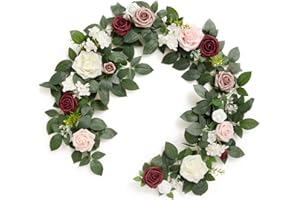 Ling's Moment 5FT Staubige Rose Künstliche Blume Girlande Röte Rose Blätter Blumen Girlande Bogen Blumen Rebe für Hochzeit Party Hintergrund Dekor Kaminsims Home Tisch Tafelaufsätze