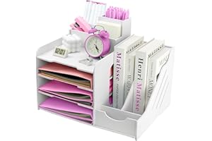 ideallife 4-Tier Letter Tray Organiser with File Holder, Wooden Paper Filing Tray with Pen Holder, Office Desk Tidy Organiser File Document Holder A4 Paper Filing Trays for Office Supplies