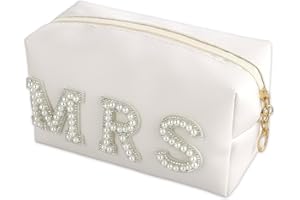 LUSOFIE MRS Letter Makeup Bag with Zipper Pearl Rhinestone Cosmetic Bag PU Leather Waterproof Toiletry Bag Organizer for Bride Gifts Women Travel(White)