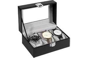 Uten Watch Box 3 Slots, Watch Case with Glass Lid, Metal Clasp, Watch Display Storage Box for Men and Women, Black Synthetic Leather, Grey Velvet Lining, Removable Pillows, Gift Idea