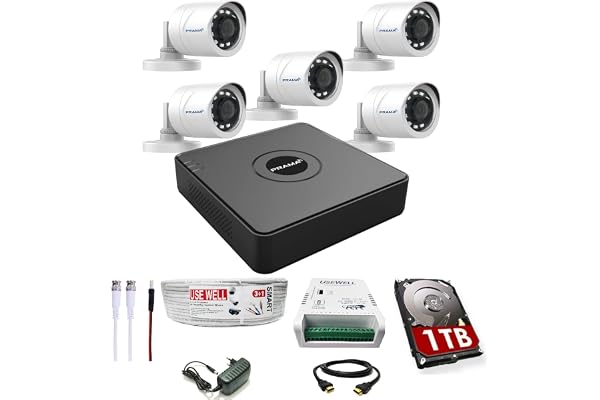 Prama 2MP Full HD CCTV kit with 8 Channel DVR + 5 Outdoor Cameras + 1 TB HDD + USEWELL Wire/SMPS, and Required Accessories, Motion Detection, Black
