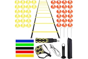 niuniaj Set de Entrenamiento de Fútbol, Escalera de coordinación + Entrenador de Patadas de fútbol, ​​Kit Entrenamiento Futbol de 6M, 40 Conos con Soporte, 5 Bandas de Fitness,4 Clavijas.