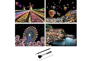 ShipeeKin 4 images à gratter - 290 x 210 mm - Image murale - Papier à gratter coloré avec outils (paysages en Europe)