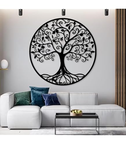 SUN RDPP Tree Of Life Wall Art Decor, 60cm / 23.6inch Large Metal Family Tree Outdoor Wall Sculpture, Hollowed Tree Of Life Wall Decor Hanging For Garden Office Bedroom Living Room (BLACK