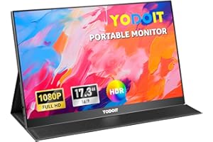 Yodoit Przenośny monitor 17,3 cala, 100% sRGB 1920 × 1080, 100% SRGB FHD, wyświetlacz IPS z wbudowanymi głośnikami USB typu C, monitor do pielęgnacji oczu do komputera, laptopa, MacBooka, Xbox, PS