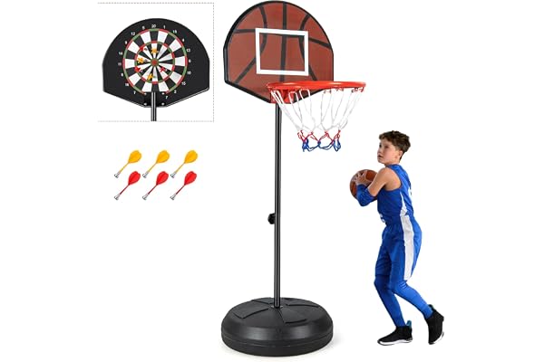 GYMAX 2-en-1 Panier Basket Enfants 3-10 Ans, avec Cible de Fléchettes, Hauteur Réglable 96/146cm, Base Remplissable Stable, 6 Fléchettes, pour Intérieur et Extérieur, pour Garçons et Filles