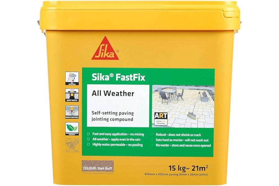 Sika – FastFix All Weather Self-Setting Paving Jointing Compound – Ready to Use – No Mixing Required – Dark Buff – 15kg – 21 sq. m
