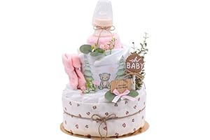 TREND MAMA TrendMama Windeltorte Wald mit Musselintuch, Baby Teeflasche, Spucktuch, Babysocken (Rosa) - 27 Stück, Größe 2 (4-8 Kg), Unisex-Babygeschenk zur Geburt