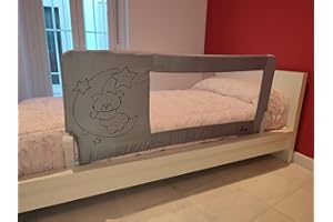 Mundibebé Barrera Seguridad Niños Cama 150 x 66 cm - Seguridad y Comodidad, Alta y Robusta - Barrera Cama Niños Abatible - Barandilla Cama Niño Modelo Osito y Luna Gris