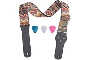 Rufun Gitarrengurt Retro Jacquard Weave Zubehör Einstellbare Länge für Basse E-Gitarre Akustische Gitarre, 3 Picks enthalten