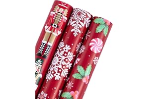 RUSPEPA Rouleau de papier d'emballage de Noël, mini rouleau de 3 rouleaux, 43,2 cm x 3 m par rouleau, casse-noisette rouge, flocon de neige, canne à bonbons et collection de fêtes