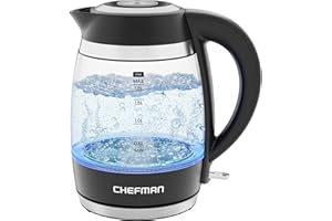Chefman Electric Kettle, 1.8L 3000W, Hot Water Boiler, Removable Lid for Easy Cleaning, Auto Shut Off, Boil-Dry Protection, Stainless Steel Filter, BPA Free, Borosilicate Glass Electric Tea Kettle