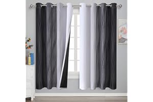 VEHEDE Ombre Blackout Thermal Curtains & Drapes for Kids Room, Strip Wave Pattern Noise Reducing Gradient Curtains 72 Inch Drop for Living Room, W52 x L72 Inch, Black and Greyish White, 2 Panels
