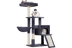 Heybly Rascador para Gatos, El Cepillo de Autolimpieza, El Árbol para Gatos Domésticos, con Peluche Liso, Silla de Descanso, Nido de Gato con Panel y Postes de Raspado, Gris Ahumado HCT005SG