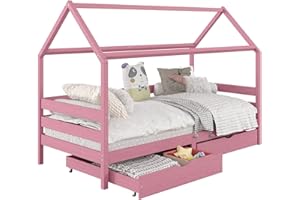IDIMEX Letto Casa CLIA Montessori in pino massello Culla con tetto, Letto Tipi con 2 cassetti rosa