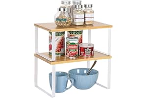 HAITRAL Kitchen Shelf Organizer for Cupboard, Expandable and Stackable Countertop Cabinet Shelf Organizer Set of 2, Wooden and Metal Frame, Kitchen Storage Shelves for Kitchen, Pantry, Bathroom