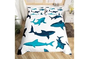 LOUSSIESD Set di biancheria da letto con motivo squalo e animali marini oceanici, copripiumino per ragazzi, ragazze e bambini, per letto singolo, con 1 federa