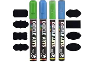 DIGIELE Pennarelli Gesso Liquido Blu + Verde, 2pcs Pennarello 3mm + 2pcs 6mm Pennarello Gesso e 16 Etichette Adesive Lavagna, Asciutto o Bagnato Cancellabili, Reversibile Punta Scalpello o Tonda