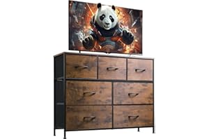 WLIVE Cómoda de 7 Cajones, Gabinete con Parte Superior de Madera y Estructura de Acero para Dormitorio, Sala de Estar, Pasillo, Marrón Rústico