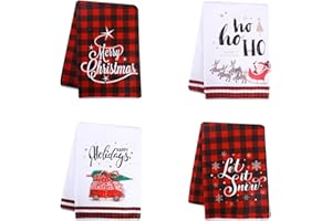 OLENSSON 4 Pieces Christmas Tea Towels, 45 x 70cm Microfibre Tea Towel, Xmas Hand Towel Super Absorbent Kitchen Towels, Merry Christmas Washcloth Xmas Buffalo Plaid Bar Towels