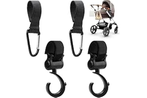 NODCOWS Ganchos Carro Bebe, 4 Piezas Gancho Para Colgar Cochecito Universal, Multifuncional Gancho Carrito Bebé Rotación 360°, Para Cambiar Pañales y Bolsa de Compras Colgar Cartera (Negro)