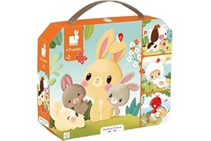 Janod - 4 Puzzles Évolutifs Animaux de la Ferme - 6-9-12-16 Pièces - Jouets Enfant - Jeux Éducatifs - Dextérité et Patience - Fabriqué en France - Dès 24 Mois,J03319, Orange