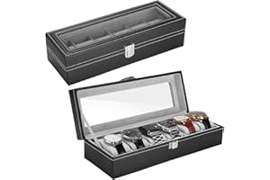 Procase Scatola Porta Orologi per 6 Orologi con Coperchio In Vetro, Cofanetto Porta Orologio Uomo e Portagioie Uomo, Custodia in Pelle per Orologio da Uomo di Festa del Papà –Nero