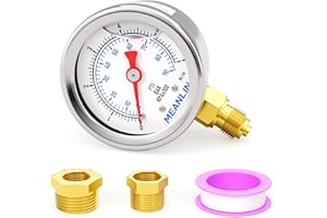 MEANLIN MEASURE 0-6 Bar/90PSI Acciaio inox 1/8"BSP 1,5"FACE DIAL, manometro riempito di glicerina, riempito di liquido, acqua, olio, aria, con boccola esagonale 1/8"x 1/4"BSP e 1/8"x 3/8"BSP