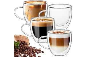 TKNO 4 Pack 380ml Double Walled Coffee Glasses – Insulated Barista Style Clear Glass Mugs for Latte, Cappuccino, Flat White, Heat Resistant Borosilicate Espresso Cups