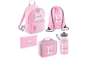 Chicken Craft Personalised Kids Back To School Kit with Custom Name & Initial - Pink Backpack, Lunch Bag, PE Bag, Pencil Case