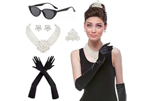 Horolam 6PCS Holly Golightly Accessories, 60s Retro Accessories for Women Pearl Necklace Earrings Holder Gloves Sunglasses