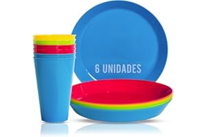 Mypicompany Conjunto de 6 Platos Plastico Duro Reutilizables y 6 Vasos Plastico Duro. Vajilla Camping Apta para Microondas y Lavavajillas. Accesorios Camping Libre de BPA Platos camping irrompible