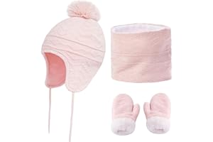 DURINM Mütze Schal Handschuhe Set für Mädchen und Jungen im Alter von 1–6 Jahren mit dickem Fleece gefütterten Beanie Mütze mit Bommeln Handschuhen Winter und Loop Schal Kinder