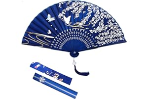 VEGCOO Silk Fabric Fan - Handheld Folding Fan With Lotus Pendant & Gift Box, Perfect for Party & Wedding Decoration (Blue)