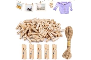 AETHERAURORA 150 Stück Kleine Wäscheklammern 3.5cm mit 10m Juteschnur Kleine Klammern für Fotos Nachhaltiges Holz Holzwäscheklammern Natur Deko Kleine Holzklammern für Bilder, Postkarten, Zierklammern, Geschenke