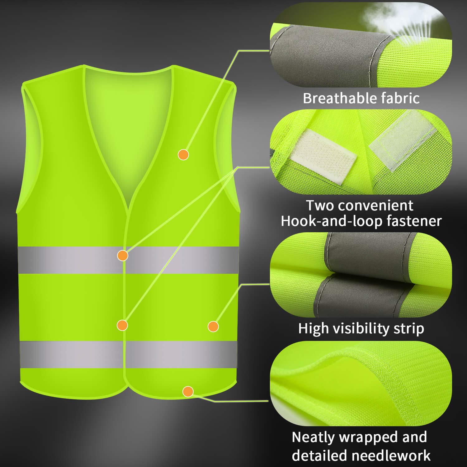 Fesoar-High-Visibility-Vest-Reflective-Safety-Vest-Breakdown-Aid-Ensuring-the-Safety-of-Drivers-Drivers-and-Workers-with-High-Risk-Washable-Polyester-Neon-Yellow-Pack-of-4-125-cm